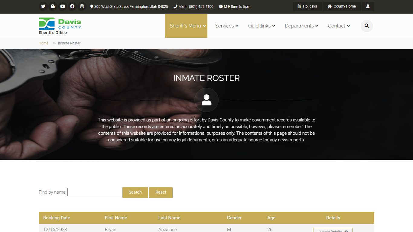 Inmate Roster - Davis County Utah